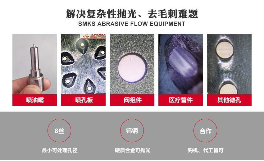 SMKS磨料流設(shè)備工藝原理 斯曼克磨粒流，使用金剛石微粉或碳化硅微粉等各式研磨劑混合成高分子彈性柔軟的磨料， 通過(guò)上下擠壓運(yùn)動(dòng)使磨料通過(guò)內(nèi)孔流道或加工面，以往復(fù)運(yùn)動(dòng)的方式來(lái)進(jìn)行表面研磨拋光。 針對(duì)各式內(nèi)孔流道、微細(xì)孔、復(fù)雜內(nèi)型腔、齒面、曲面或不規(guī)則面的拋光去毛刺，具有極佳效果。 安/全/環(huán)/保：磨料符合環(huán)保標(biāo)準(zhǔn)：無(wú)高熱，無(wú)溶液，低分貝，無(wú)粉塵